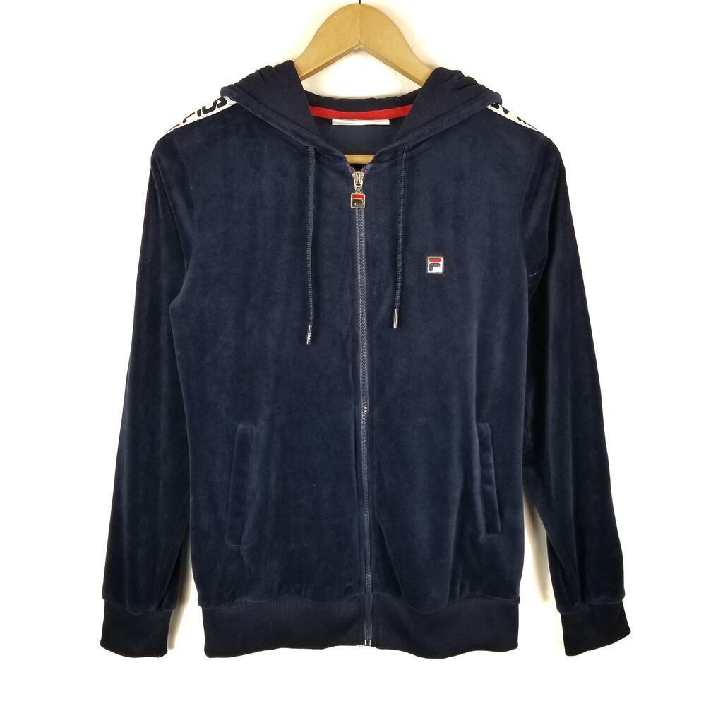 Fila Women's Navy Blue Velour Hoodie Track Jacket Size S Small